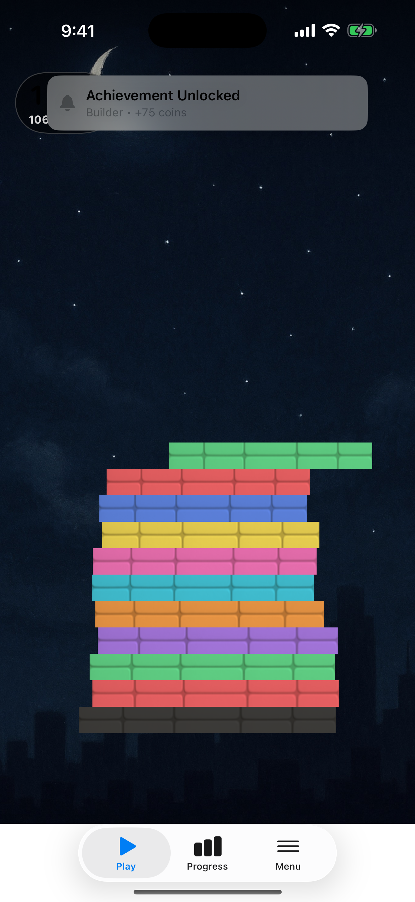 TowerStacker gameplay with a clean stack and calm skyline